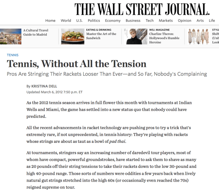 WSJ on tennis string tension